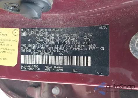 2005 Toyota Highlander V6 from USA, damaged, VIN JTEEP21A950103747